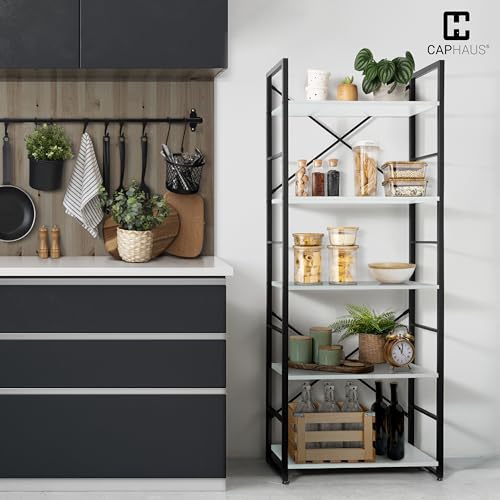 Image of CAPHAUS 5 Tier Bookshelf, 24 Inch Width Free Standing Shelf, Bookcase Shelf Storage Organizer, Industrial Book Shelves for Home Office, Living Room, Kitchen, White Shelves & Metal Frame