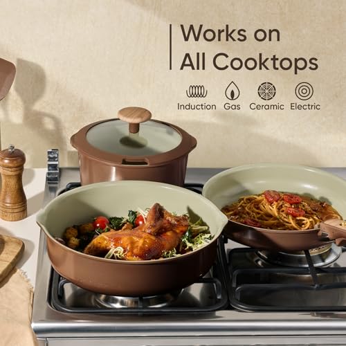 Image of CAROTE Ceramic Cookware Set, Pots and Pans Set Non Stick with Detachable Handle, RV Kitchen Cooking Set, Induction & Oven Safe, PFAS and PFOA Free, Pistachio Green 19 Pcs