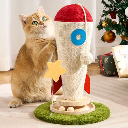 Kicari Cat Scratching Post, Rocket Cute Sisal Cat Scratcher with Durable Solid Wood Turntable Toy, Cat Scratch Post Red Cat Scratcher with Spinning Star Toy for Indoor Adult Cats