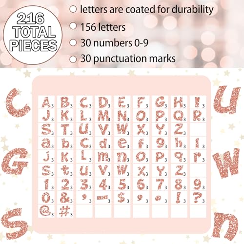 Image of Colarr 216 Pcs Glitter Bulletin Board Letters for Classroom Number Alphabet Punctuation Symbol Cutout 4'' Die-Cut Poster Letter with Adhesive Dot School Party Holiday Decor Display(Rose Gold)