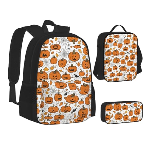 Halloween Pumpkin Patterns Print 3 Piece Set Backpack, Lunch Bag, Pencil Case, Cute Sturdy For College And Travel2