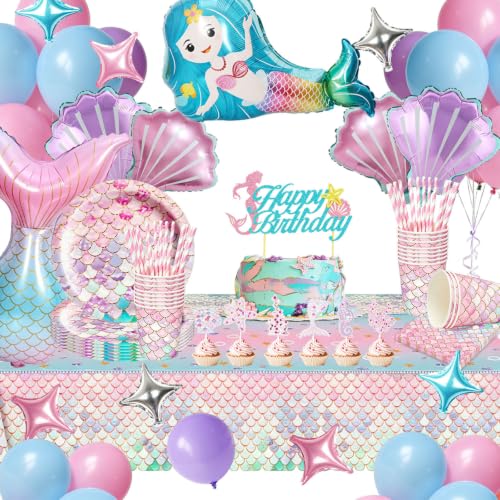 Louça de sereia para 20 convidados para festas e decorações de aniversário conjunto de louça, sereia balões decorativos