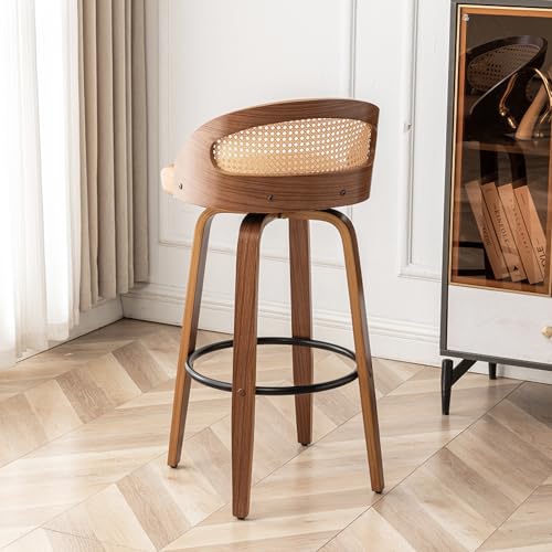 Image of 24.8 inch Swivel Rattan Bar Stools Set of 3,Mid-Century Modern Orange Leather Upholstered Counter Height Stools,Kitchen Island Barstools with Rattan Low Backrest,Walnut Wood Finish Bar Chair