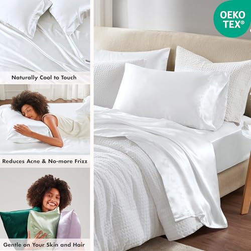 Image of Madison Park Essentials Satin Sheets Queen Size Bed Set, 6 Piece, White | Luxury and Smooth Silky Bedding with Natural Sheen, All Around Elastic 14 inch Pocket fits up to 16 inch Mattress, Year-Round Cozy