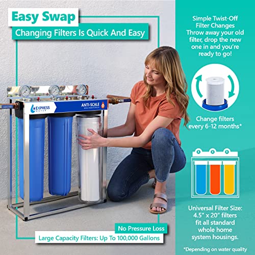 Image of Express Water Whole House Anti Scale Filter Set - 3 Stage Filtration Water Conditioner Replacement Kit - Sediment, Carbon Block, Polyphosphate High Capacity Cartridge - 5 Micron - 4.5 inch x 20 inch inch
