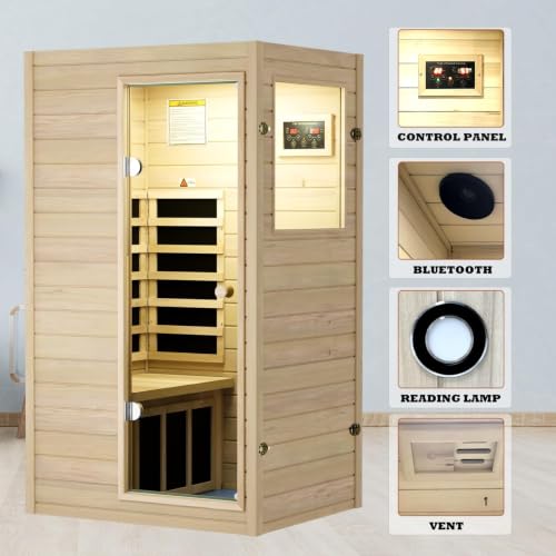 Image of LTCCDSS 1 Person Compact Infrared Sauna, 905W Low EMF Far Infrared Sauna Indoor Sauna, European Aspen Wooden Sauna for Home with Bluetooth Speakers, 36.6 inchx29.3 inchx63 inch, Right Door