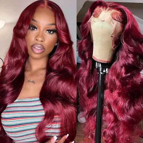 Veally Burgundy Lace Front Wig Pre Plucked Ready to Wear 13x4 HD Glueless Body Wave Lace Front Wig for Women Natural Looking Synthetic Heat Resistant Fiber Wine Red Wig