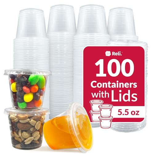 Reli. 5.5 oz Condiment Containers with Lids (100 sets) | Ideal for Sauce Souffle Samples Jello Shot Cups | Disposable BPA-Free Plastic | Small Containers 5.5oz Bulk