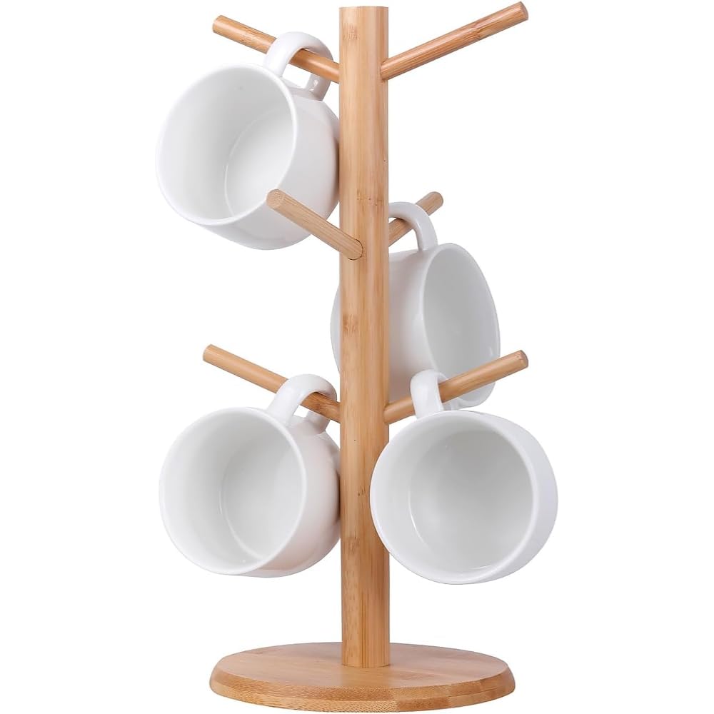 JIUCHAOTONG Mug Tree 6 Mugs,Mug Holder, Wooden Mug Rack Tree,with 4 Round Non-Slip Pads, Multifunctional Coffee Cup Stand for Countertop Drinkware Organization ﻿(Yellow)