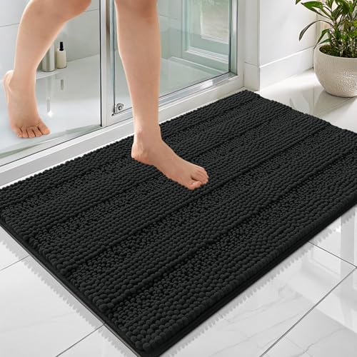 Image of OLANLY Thick Bathroom Rugs 36x24, Extra Soft Absorbent Chenille Striped Bath Rugs, Rubber Backing, Machine Wash Dry, Bath Mats for Bathroom Floor, Tub and Shower, Home Decor Accessories, Black