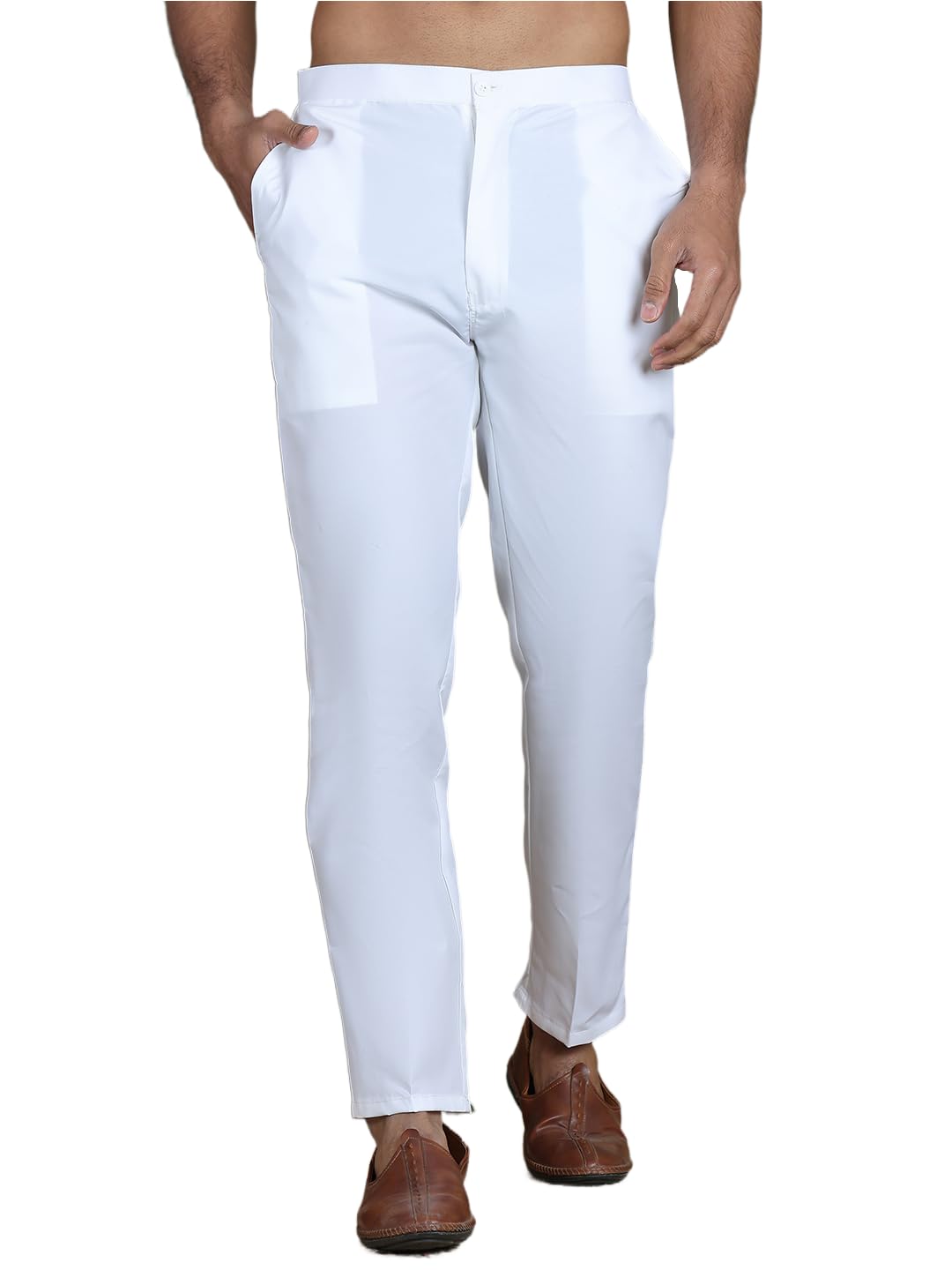 White solid mid-rise pant style pyjamas, has a partially elasticated waistband with button closure, has two pockets-image-38