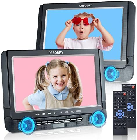 10” Car DVD Player Dual Screen, DESOBRY 4000mAh Rechargeable Portable DVD Players for Car with Front Speakers, Last Memory, Headrest DVD Player Support USB/TF for Travel, Home (2 DVD Players)
