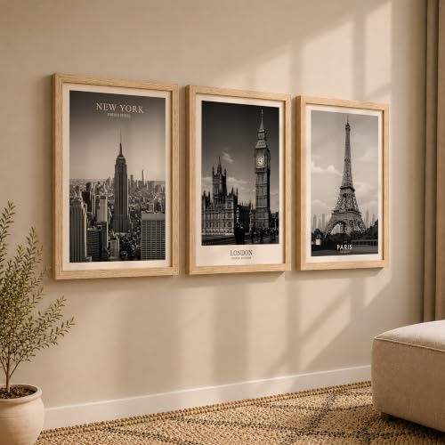 Image of NoWorries Black & White City Wall Art Framed Painting Set of 3 | New York London Paris Skyline Prints with Frame | Modern Minimalist Travel Poster Wall Decor Frames for Living Room, Bedroom and Office | Ready to Hang (Art-1, 17x25inch, Wooden)