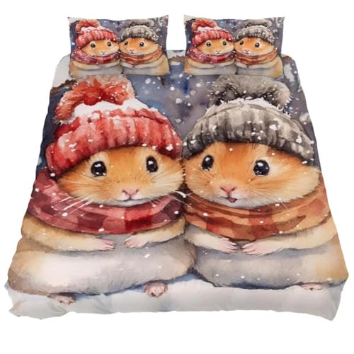 NDXRWDZR 布団セット かわいいネズミ 布団カバー 3点セット防ダニ 抗菌防臭 通気吸湿 四季適用 ポリエステル布団カバー 170x210 cm + 2 枕カバー 43x63 cm