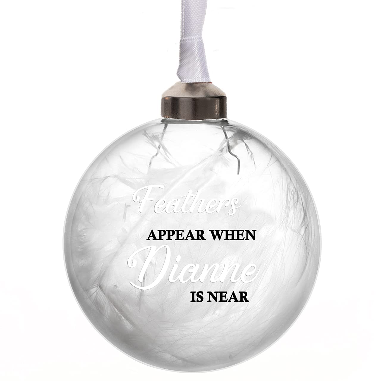 Personalised Memorial Bauble Glass 11 Colours White Feather Filled Feathers Appear Christmas Tree Decoration (White)