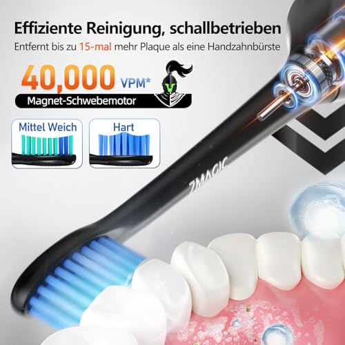 Elektrische Zahnbürste, Schallzahnbürste, Leise Zahnbürste Elektrisch Mit 3 Intensitäten 5 Modi, 40000VPM, IPX7, Zahnbürste Mit 90 Tagen Akkulaufzeit Und Timer, Ritter Schwarz – Bild 5