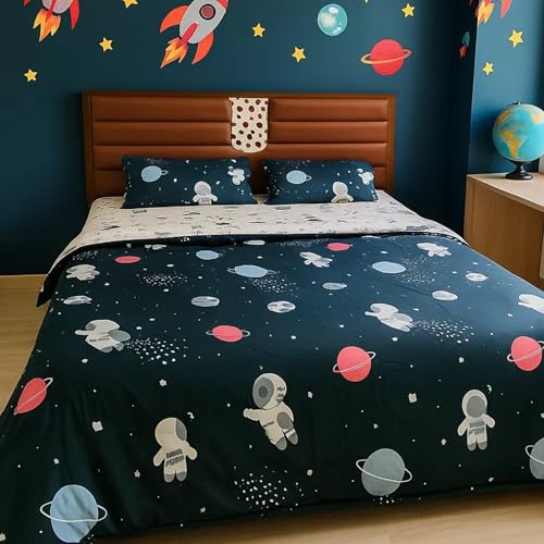 Image of Famyo King Size Bedding Set 4 Pc 250 TC Astronaut Space Design | Includes fitted bedsheet, comforter cover & 2 pillow covers, soft 250 TC bedding set in grey & white