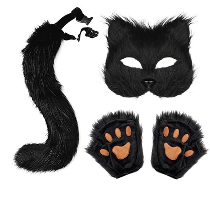 haozaikeji Animal Costume Furry Cat Mask and Tail Paw Gloves Set Faux Fur Plush Wolf Set Includes Mask Long Tail and Gloves Paws for Halloween Costume Fancy Dress Party Cosplay Accessory