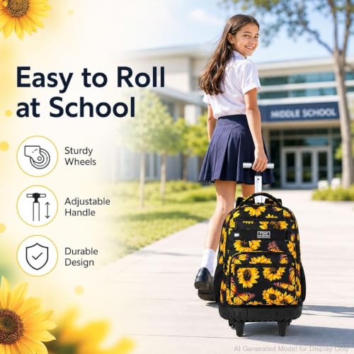 Image of 3Pcs Rolling Backpack for Girls, 19 Women Inche Roller Bag with Wheels, Sunflower Wheeled Bookbag Set for Adults(Yellow)