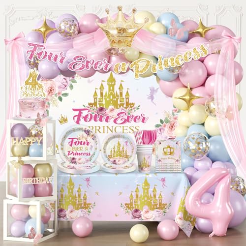293 Pcs Four Ever a Princess Birthday Decorations Princess Party Decorations Set Serves 25 - Banner Balloon Arch Kit Tableware Cake Toppers Backdrop for 4th birthday decorations girl