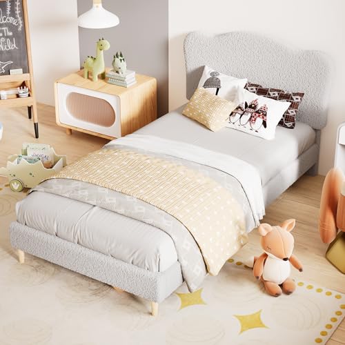 Image of GarveeHome Kids Full Size Bed Frame with Adjustable Headboard, Sherpa Fleece Upholstered Modern Platform Bed Frame Full with Sturdy Wood Slats, No Box Spring Needed, Easy Assembly, Light Grey
