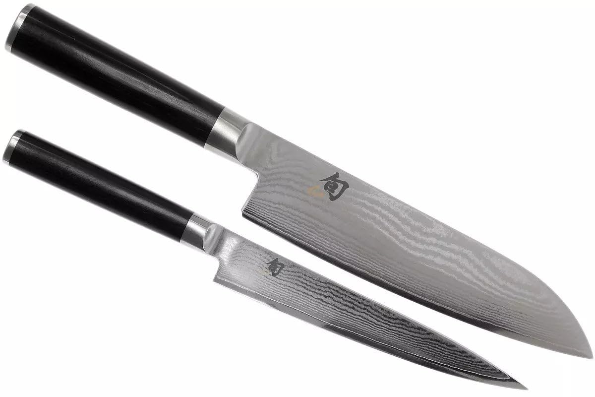 KAI Shun Classic japanisches Kochmesser 2er Set - Santoku 18 cm Klingenlänge + Allzweckmesser 15 cm Klingenlänge - Damastmesser 32 Lagen VG MAX Kern - 61 (±1) HRC - Pakkaholzgriff - Küchenmesser Set