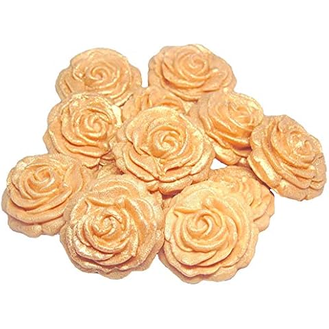 12 Medium Rose Flower Edible Cake Decorations Cupcake Toppers (Gold) Cover