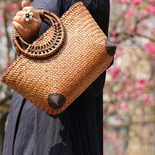 Image of Summer Beach Bag, Boho Handmade Rattan Handbag, Round Bamboo Handle, Large Straw Retro patternTote Bag for Beach Vacation Daily(Khaki)