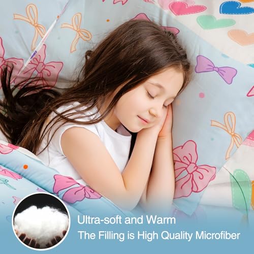 Image of A Nice Night Full Size Bed in A Bag Bow Comforter Set for Kids,Quilt Bedding Set with Bowknot & Chic Polka Dot Pattern,Blue Background Room Decor for Girls