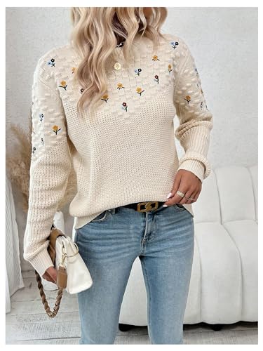 Women's Floral Embroidery Sweaters Long Sleeve Round Neck Knitted Pullover Tops4