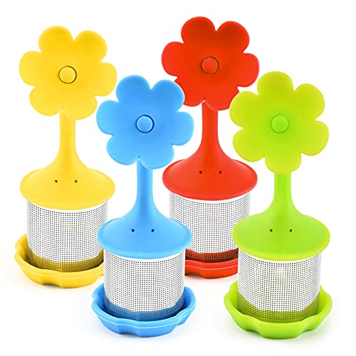 4 Pack Tea Steeper, Tea Infuser for Loose Tea with Silicone Drip Tray, Extra Fine Mesh Loose Tea Infuser Tea Steeper for Loose Tea, Stainless Steel Tea Filter for Loose Leaf/Herbal Tea,4pcs,Flower B