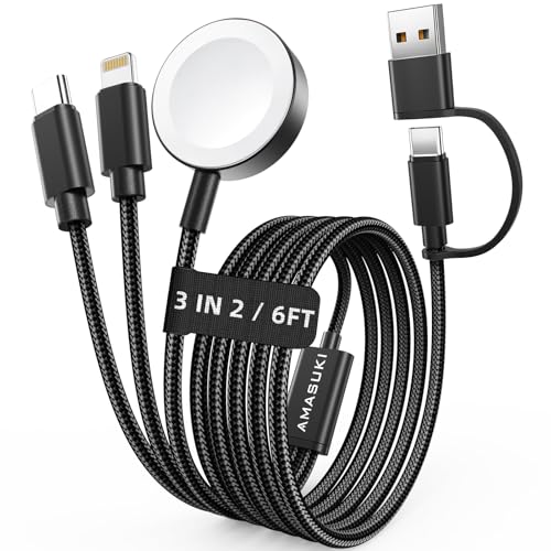 Image of Travel Essentials,3 in 2 USB C Cable for Apple Watch Charger,iPhone Charger,Multi Charging Cable,Cruise Vacation Camping Portable for iWatch Series 11-2 /Ultra /SE & iPhone 17-12,Car,Black-6FT