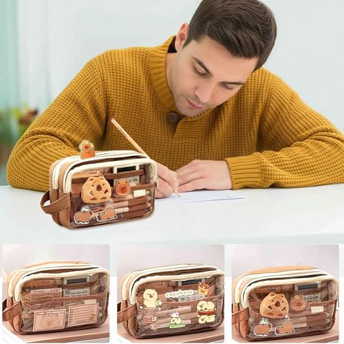 Image of Cute Capybara Pencil Case, Stationery Pouch Set with 10 Stickers+2 Brooches+1 Doll+2 Clip+1 Notepad+1 Keychain+4 Pens, Cartuchera De Capibara