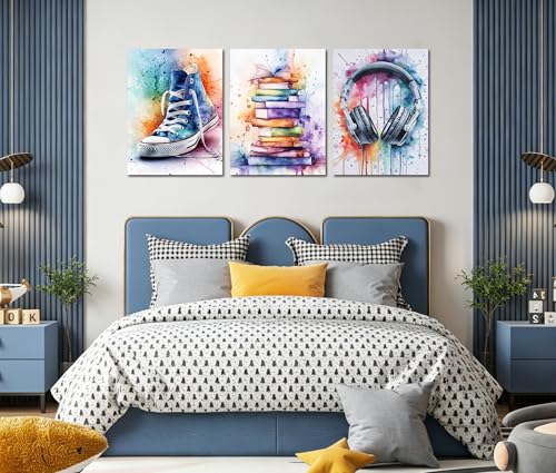 Image of Frimeeme 3Pcs Headphones Books Sneakers Print Poster, 12x16 inches