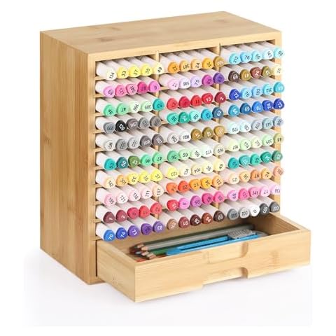 AUTOARK Bamboo Marker Organizer for 150 Markers,Desktop Storage Hold with drawers,Art Markers Pens Pencils Art Brushes Stationary Organizer Marker Pen Holder,AHK-060 Cover