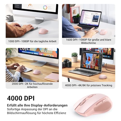 UGREEN 2.4G Maus kabellos mit 4000 DPI, Ergonomisches Design, Wireless Mouse mit USB Empfänger, 18 Monate Akkulaufzeit, funkmaus kompatibel mit Laptop Computer Windows macOS Linux(Rosa) 4