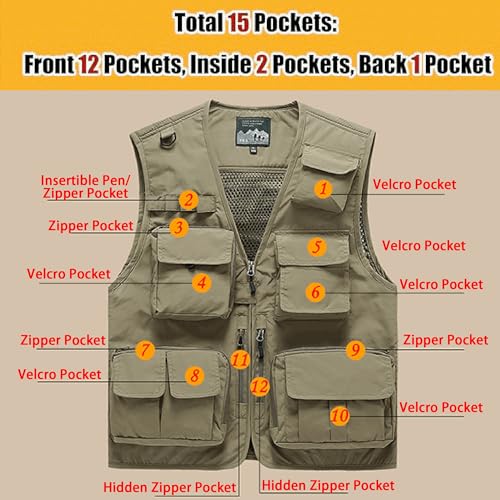 Saukiee Mens Vest Lightweight Vest Men Fishing Travel Work Pesca Safari Combat Hunting Cargo Vest Jacket with Pockets M3