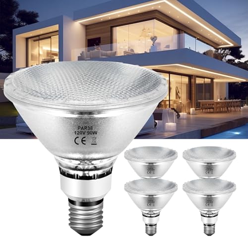 KIMLOONG PAR38 Halogen Flood Light Bulbs Dimmable 4 Pack 90 Watt 120V 2800K Warm White for Indoor and Outdoor Floodlight Bulb E26 Base Bulbs 4050LM