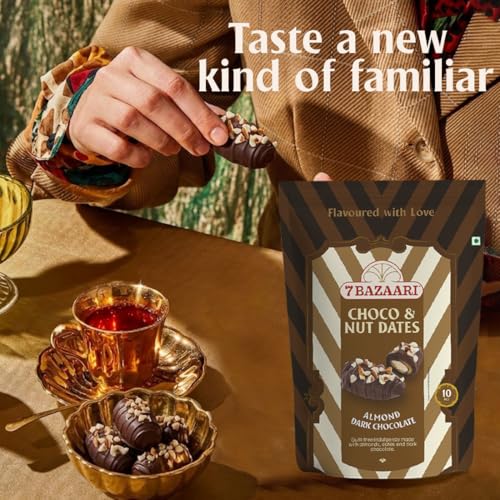 Image of 7 BAZAARI Premium Chocolate Dates with Almonds | Dark Chocolate Coated Datesc| No Added Sugar | Healthy Energy Snack | Gluten Free Gourmet Treat | 10 pcs