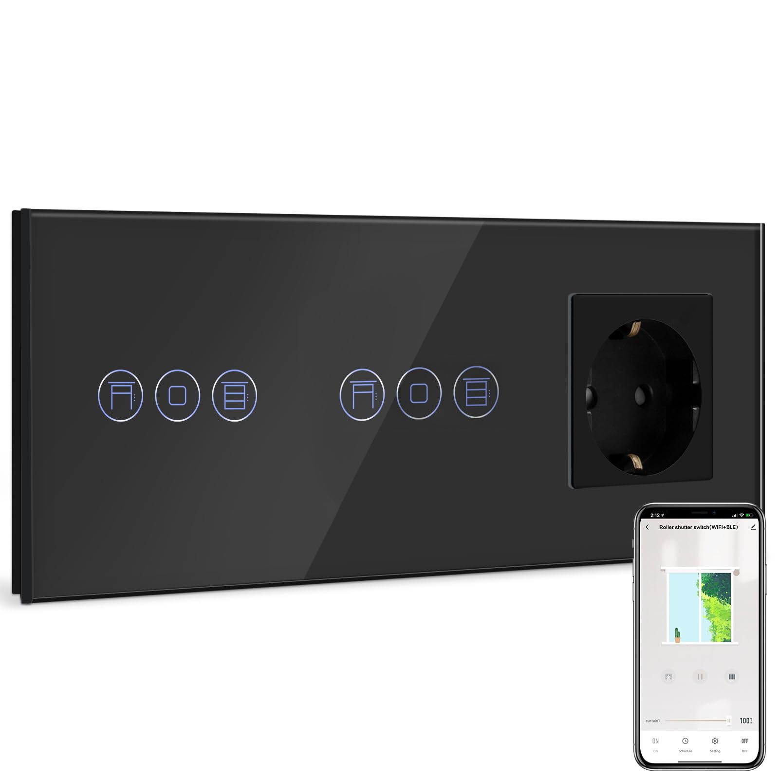BSEED Doppel WLAN Rolladenschalter mit 16Amp Normale Steckdose, Smart Alexa Jalousien Schalter Kompatibel mit Alexa/Google Home, Smart Home Rolladensteuerung Schwarz(Nullleiter erforderlich)