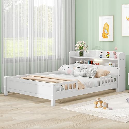 Full-Size-Bed-with-Storage-Headboard-and-Guardrail-Kids-Full-Platform-Bed-Wood-Frame-with-Built-in-LED-Light-for-Girls-BoysFull-SizeWhite Full Size Bed with Storage Headboard and Guardrail Kids Full Platform Bed Wood Frame with Built in LED Light for Girls BoysFull SizeWhite