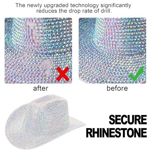 Image of Hercicy Rhinestone Cowboy Hat with Diamond Fringe CowHat for Cosplay Wedding circumference between 21.5 and 23.5 inches