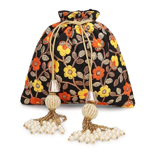 Image of LONGING TO BUY Indian Embroidered Pearl Potli Bag For Women, Sequence Design with Tassel, Wedding Potli Bags