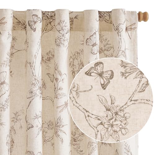 Image of Lazzzy Charlotte Taupe Floral Curtains 84 Inch Length Linen Farmhouse Back Tab Drapes for Living Room Bedroom Light Filtering Vintage Rod Pocket Fall Decorations, 2 Panels, Taupe on Beige