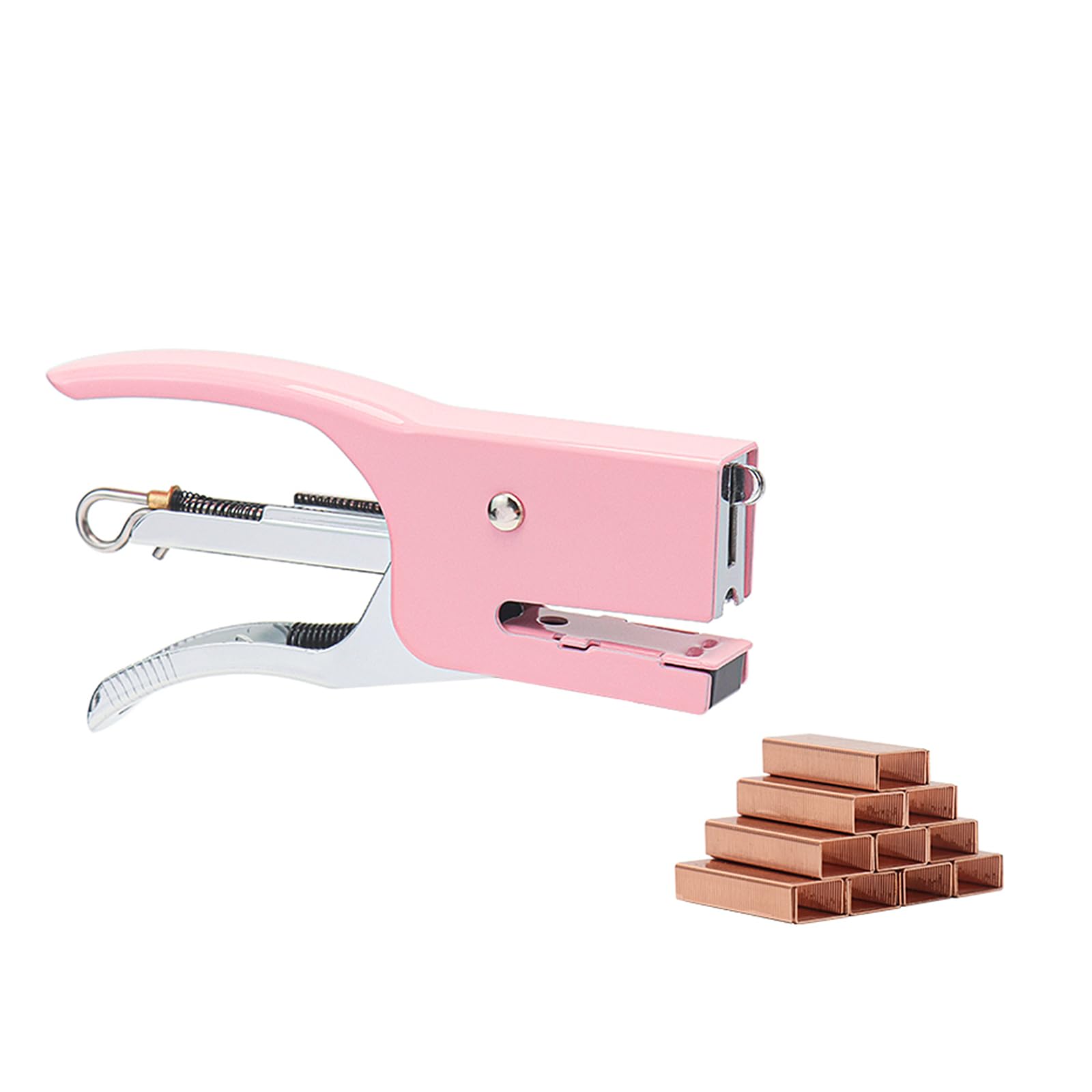 NatSumeBasics Pink Plier Stapler with No.10 Staples, Cute Manual Stapler with 1000 Rose Gold 15 Sheet Capacity Staples for Office School Home Desk