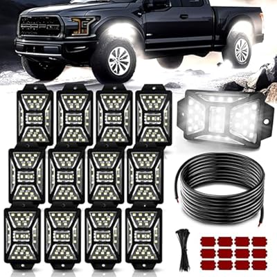 12 Pods 324 LED White Rock Lights with 32.8FT Extension Wire, 6000K Super Bright Underglow Light, Waterproof IP67, 360° Full Angle Illuminate Rock Lights for Trucks Jeep UTV ATV SUV Boats