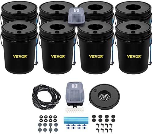 VEVOR DWC Hydroponic System, 5 Gallon 8 Buckets, Deep Water Culture Growing Bucket, Hydroponics Grow Kit with Pump, Air Stone and Water Level Device, for Indoor/Outdoor Leafy Vegetables