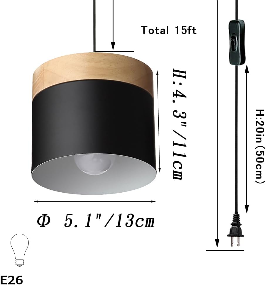 Motion Sensor Hanging Swag Lamp no Wiring Needed Portable Rubber Wood Pendant Light with 15ft Plug-in UL Button Black Cord Macaron Black Lamp Iron Stoving Varnish Finished Lampshade,Customizable