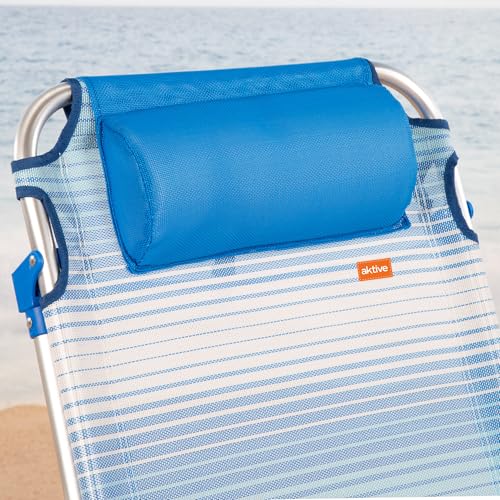 AKTIVE Strandstuhl, zusammenklappbar, 4 Positionen, Blaue Streifen, 51 x 45 x 76 cm, inkl. gepolstertem Kissen, Seitentasche, Griffe, Tragkraft 110 kg, Kippschutz, mehrere Positionen, verstellbare