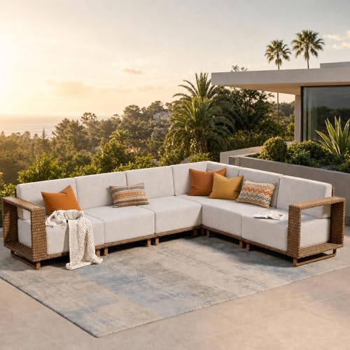 SUNSHINE VALLEY Patio Sectional Furniture, Outdoor Yellow Rattan Wicker Sofa with 10''Ultra-Thick Cushions, L Shaped Modular Patio Conversation Set, Low Profile Lawn Garden Backyard Couch Set